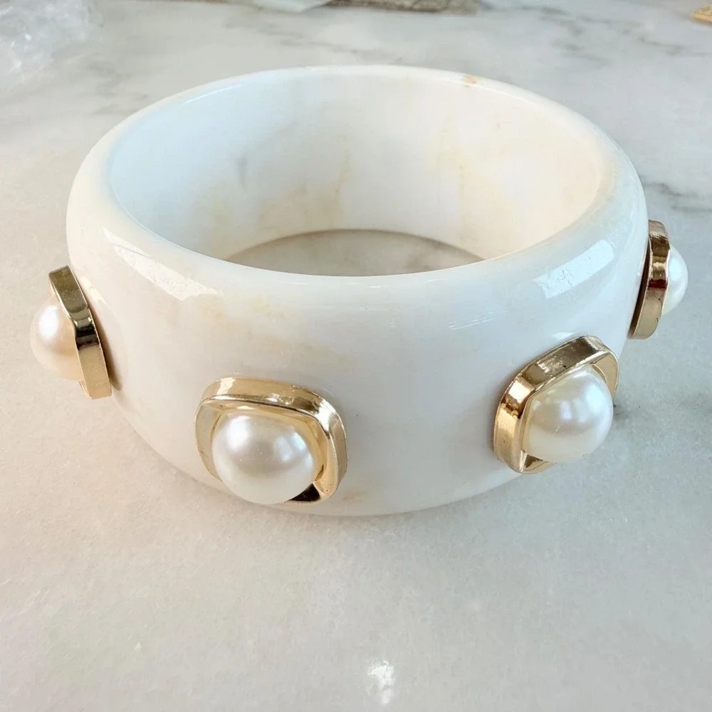 White Lucite Marble Acrylic Chunky Bangle Faux Pearl Gold Stud Cuff Statement